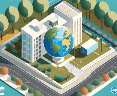 The united nations international school building surrounded by symbols of education like books