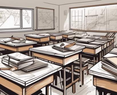 A cluttered classroom with broken desks and outdated educational tools
