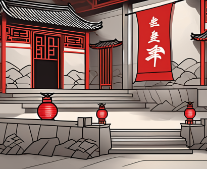 A traditional chinese schoolhouse with a large barrier (like a wall) in front of it