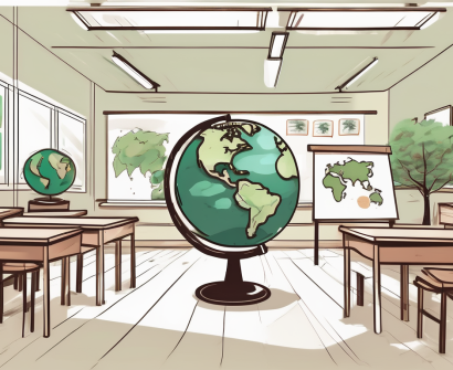 A classroom setting with various environmental elements like trees