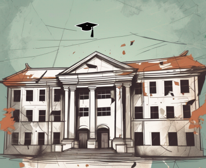 A dilapidated university building with a broken graduation cap on top