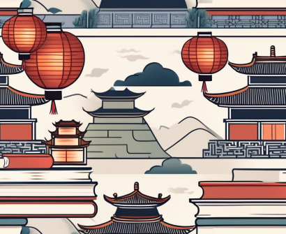 A stack of textbooks with chinese architectural elements like pagodas