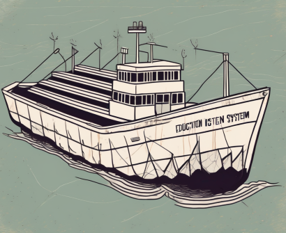 A sinking ship labeled "education system" with eight out of ten lifeboats detached