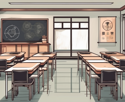 A classroom setting in china with a chalkboard