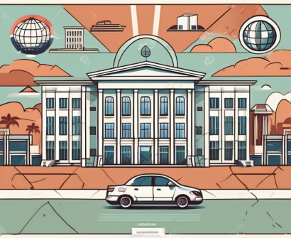 A variety of international school buildings with a backdrop of iconic indonesian landmarks