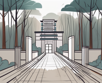 A school building in the center with four different paths leading towards it