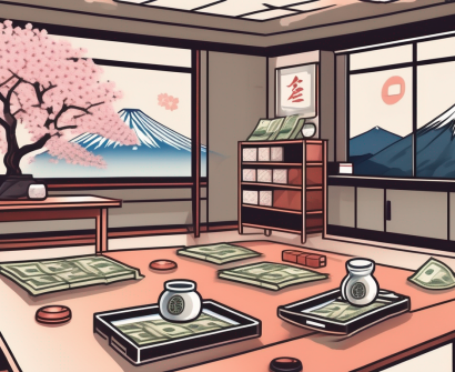 A classroom scene with various teaching tools and symbols of japan