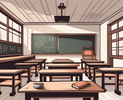 A traditional chinese classroom setting with highlighted elements such as a chalkboard