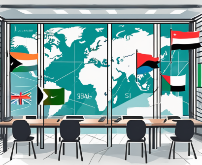 A modern classroom with a global map