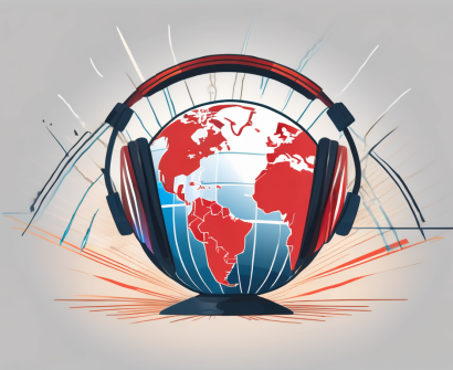 A pair of headphones draped over a globe focused on china