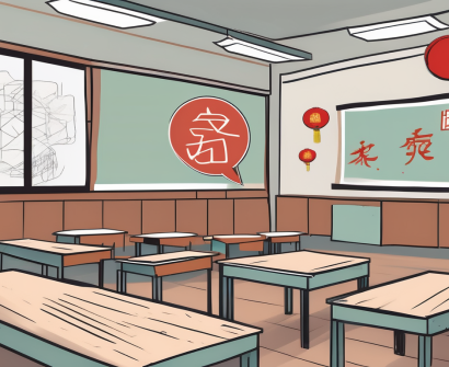 A classroom setting in china with various symbolic barriers like a language barrier represented by a broken speech bubble