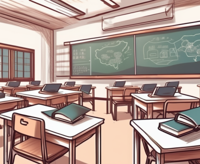 A classroom setting in china with various educational tools like books