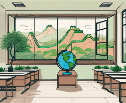 A classroom setting with a globe