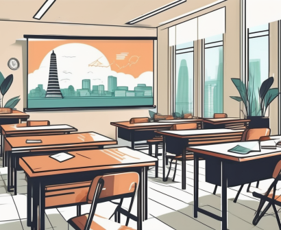 A classroom setting with different teaching tools and a backdrop of iconic vietnamese landmarks