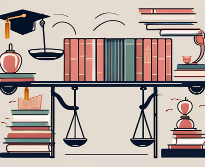 A balanced scale with traditional chinese educational symbols such as books