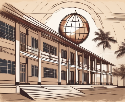A traditional cambodian school building with a globe in the background