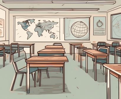 A classroom with empty desks and chairs