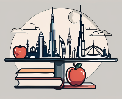A balanced scale with one side holding iconic dubai landmarks (like the burj khalifa and palm jumeirah) and the other side holding symbols of teaching (like an apple