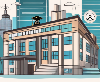 A school building in hong kong's skyline with five symbolic elements such as a magnifying glass