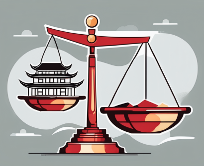 A balance scale with one side holding a graduation cap (representing the ipgce) and the other side holding iconic chinese elements like the great wall or a pagoda