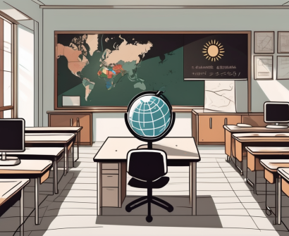 A south korean classroom with a globe on the teacher's desk
