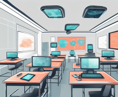 A modern chinese classroom featuring four different technological devices such as a smartboard
