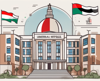 A school building with the uae flag flying overhead