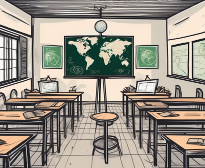 A vietnamese classroom with a chalkboard