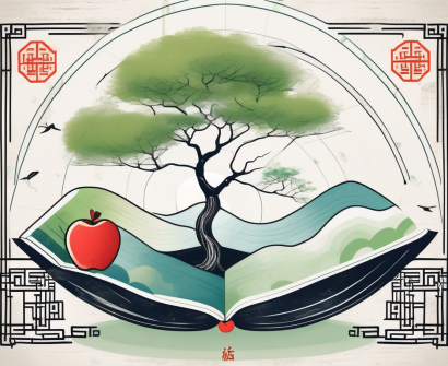 A tranquil chinese school environment with symbols of well-being like a peaceful garden