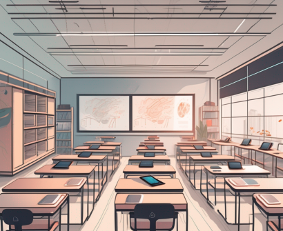 A modern chinese classroom filled with various forms of technology such as tablets