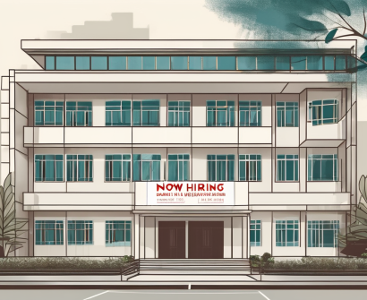 An international school building in ho chi minh city with a "now hiring" sign displayed prominently