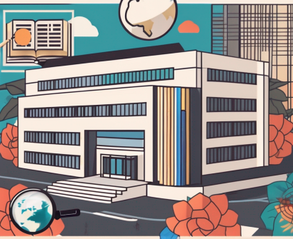 The taipei american school building with a magnifying glass hovering over it