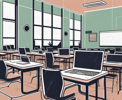 A modern indonesian classroom filled with various technological devices such as laptops