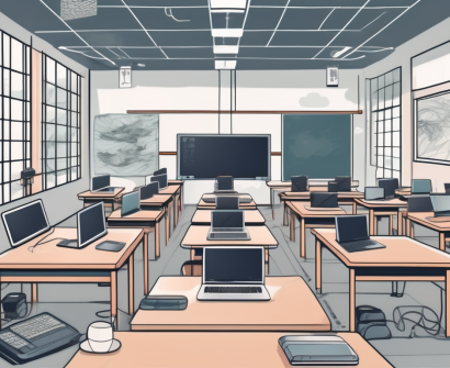 A modern japanese classroom filled with technological devices like laptops