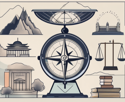 A balanced scale with symbols of teaching tools on one side and malaysian landmarks on the other