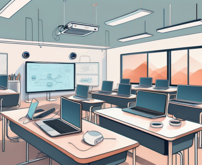 A modern classroom in south korea filled with various technological devices such as laptops