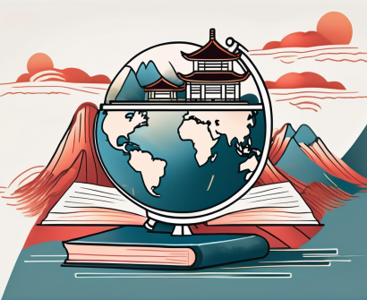A globe with iconic chinese educational symbols