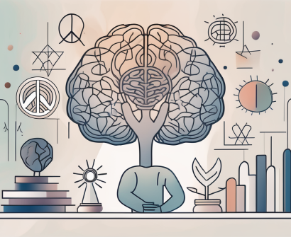 A serene classroom setting in dubai with symbols of mental health like a brain