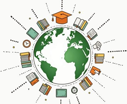 An open globe surrounded by various educational symbols