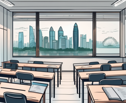 A modern classroom filled with advanced teaching tools and a view of singapore's iconic skyline in the background