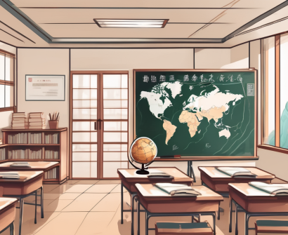 A classroom setting in china with various teaching tools like a globe