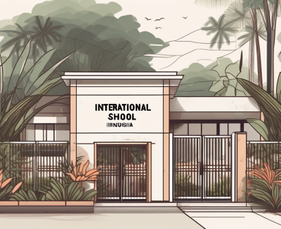 An international school building in indonesia with a "now hiring" sign on the gate