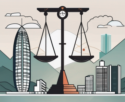 A balanced scale with an iqts (integrated quality training system) symbol on one side and iconic singaporean landmarks on the other