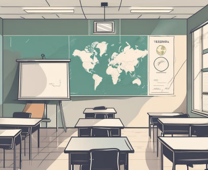 A classroom setting in malaysia with a globe