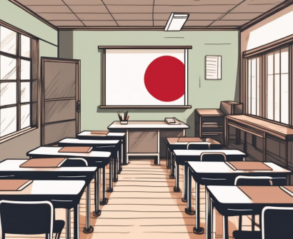 A classroom with empty desks and chairs