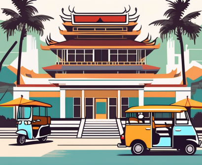 An international school building surrounded by thai cultural symbols such as a tuk-tuk