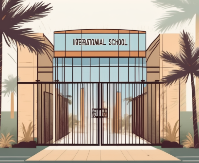 An international school building in kuwait with a 'hiring' sign hanging on the front gate