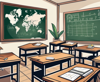 A classroom setting in thailand with an empty teacher's desk in the forefront