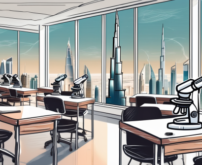 A modern classroom setting in dubai with various stem tools like microscopes