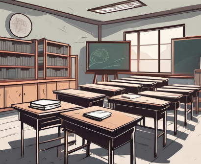 A classroom setting in china with scattered books and a chalkboard